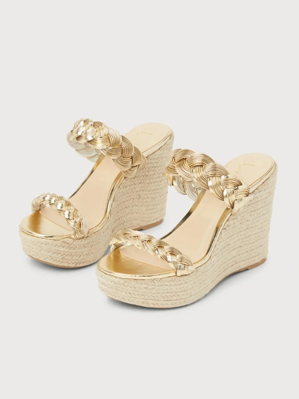 Lulus Sunshy Gold Metallic Platform Espadrille Slide Wedges NWOT size 6.5